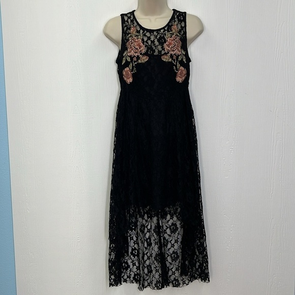 Free People - Russian Nesting Embroidered Floral Black Lace High & Low Dress XS - Picture 2 of 12